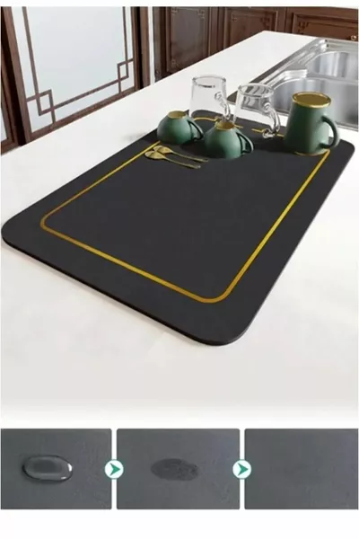Bulaşık Kurutma Örtüsü Siyah Tezgah Üstü Bulaşık Matı Süper Emici Bulaşıklık