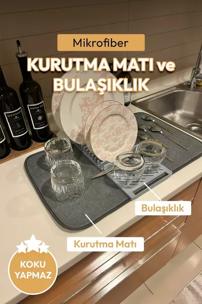 Mikrofiber Matlı Bulaşıklık Bulaşık Kurutma Sepet Ve Mat Bir Arada