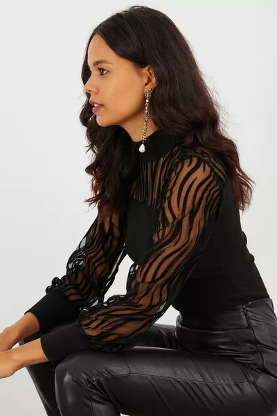 Women's Black Half Fisherman Top Tulle Camisole Blouse 