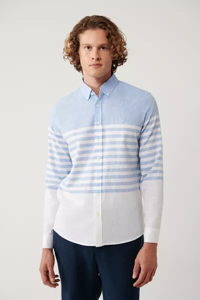 Мъжка синя риза с копчета и яка, с панелни райета, slim fit 