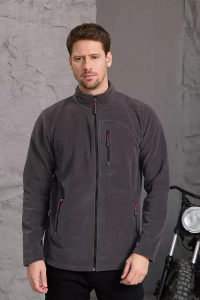 جاكيت بقلنسوة رجالي شتوي سميك بسحاب كامل من قماش قطني مبطن بالفرو باللون الرمادي الداكن