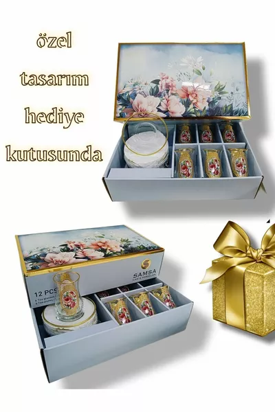 Goldene nostalgische Glastasse mit Rosenmuster, Teller, 6-Personen-Teeset