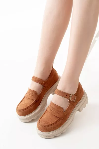  Tan Suede Women's Casual High Sole Loafer Shoes