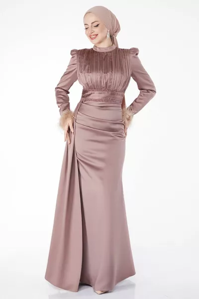 Gerader Richterkragen Damen Nerzärmel Gefiederter Kragen Plissee-Abendkleid - 