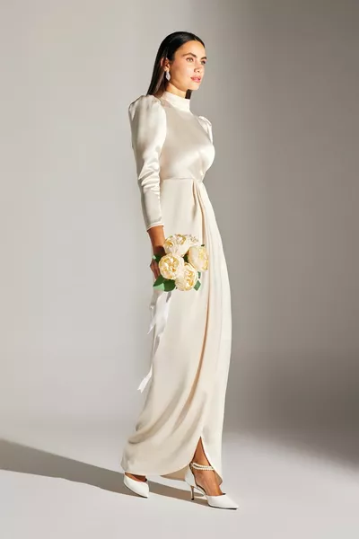 فستان خطوبة MEIDA ECRU درابيه بصدرين