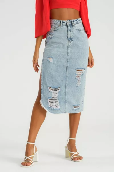 المرأة الجليد الدنيم اللون ممزق مفصلة الجانب شق تنورة الدنيم