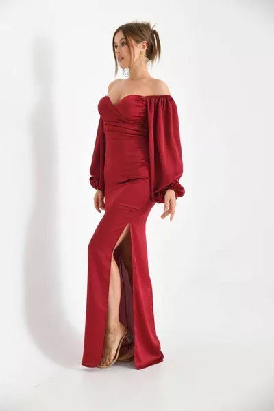 Koba Satin Slit Dettagliato Balloon Sleeve Abito da sera