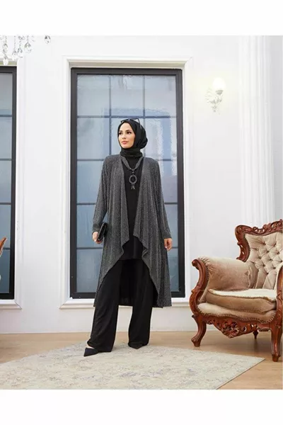 Glitter плат жилетка, пясъчно бельо и креп плат панталони 3-парче вечерна рокля комплект