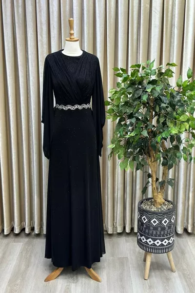 Famelin mouwen chiffon gedetailleerde glanzende stof steen gestreepte lycra hijab avondjurk