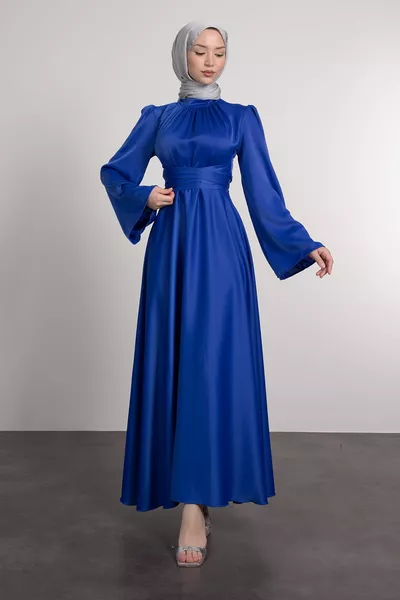 Spanish Sleeve Waist Wrap Satin Hijab Evening Dress