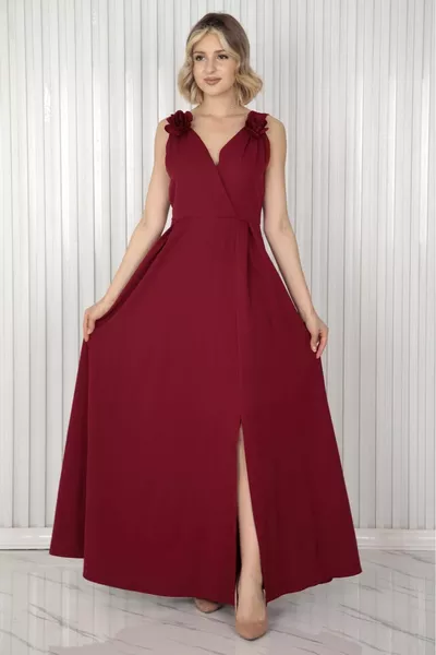 مزدوج الصدر طوق الأزهار مفصلة بلا أكمام فستان سهرة طويلة