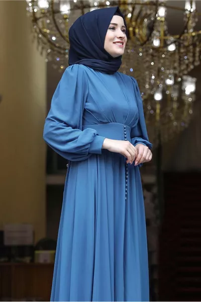 Women's Navy Blue (INDIGO) Balloon Cufflink Detailed Evening Dress T 