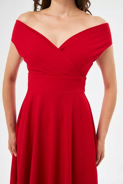 Women's Flexible Fabric Double-breasted Collar Bell Cut Red Evening Dress