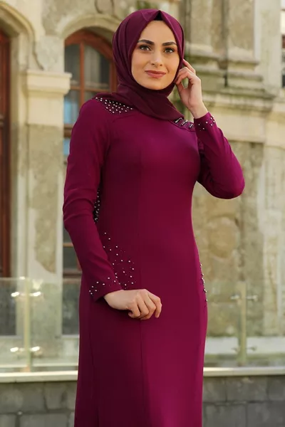 Dames Parel Gedetailleerde Fuchsia Hijab Avondjurk