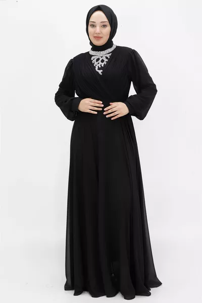 Chiffon Fabric Double-breasted Collar Look Stone Evening Dress