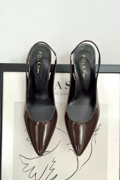 Spark Lakleer Bruin Puntige Neus Terug Open Stiletto Avond Hakken Damesschoenen