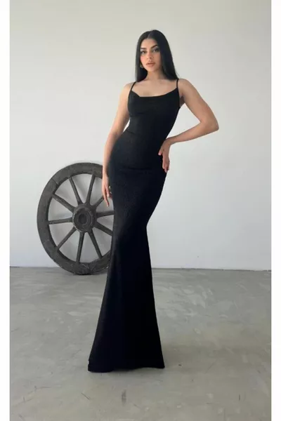 Abito da sera da donna con colletto Degaje nero modello di pesce Maxi lunghezza con cinturino lungo glitter