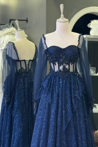Marineblauer Paillettenrock aus Spitze und besticktes Maxi-Abendkleid/Verlobungskleid mit Spitzendetail