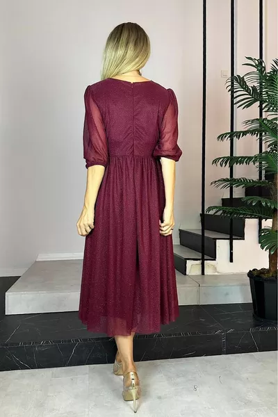  فستان بريق على شكل V عنابي