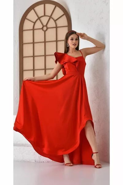 Vrouwen Rode Asymmetrische Strap Schouder Satijnen Jurk met Split Avondjurken