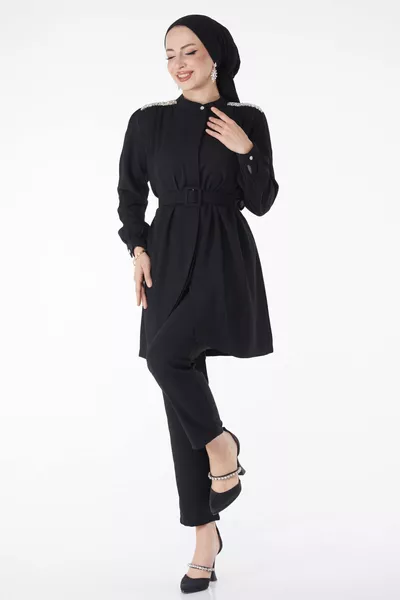 Прав съдия яка жените черен камък туника + панталони - 