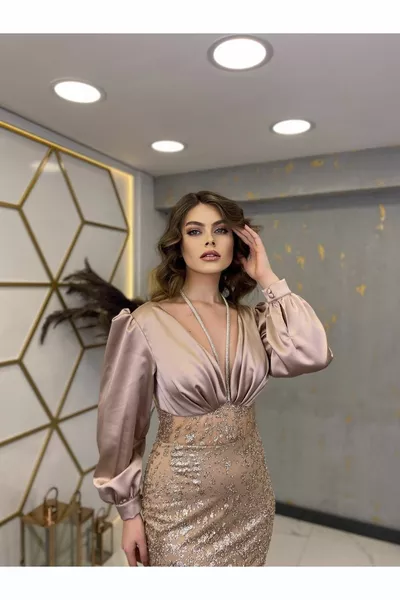 Hazal Abendkleid Beige mit Halsstein