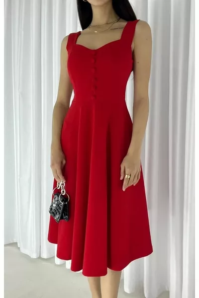 Robe de soirée en tissu crêpe à bretelles et col coeur longueur midi