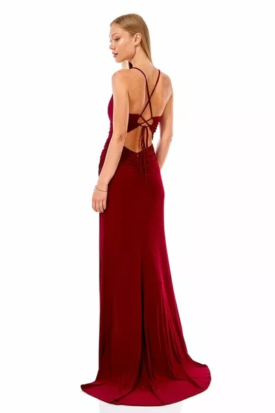 حزام رفيع منخفض قطع شق فستان سهرة مفصل