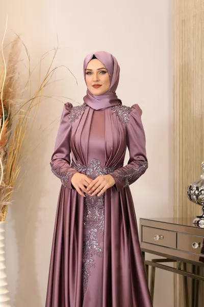 Drapierte Applikation auf der Vorderseite Karaca Hijab Abendkleid Dried Rose