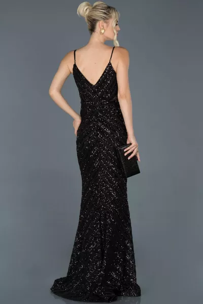 Abito da sera a sirena con cinturino in corda con paillettes lunghe nere 