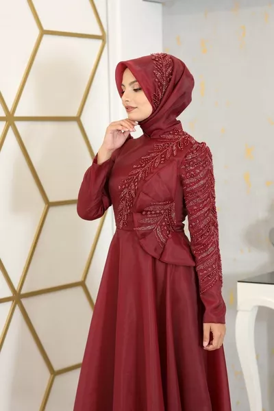 زهرة مفصلة عسلي الحجاب مساء اللباس بورجوندي