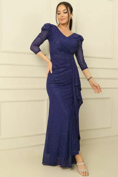 V-neck long sleeves ruffled lined dress at the front and back