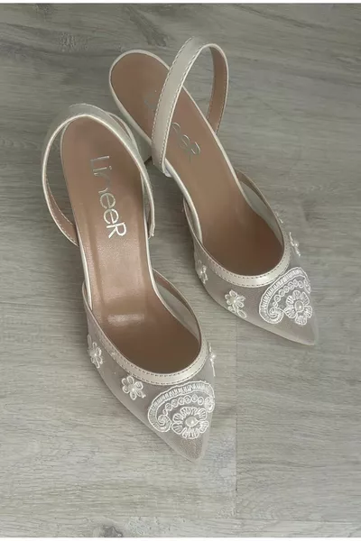 نسائي عرق اللؤلؤ أوف وايت لون الدانتيل 7 سم كأس الكعب مريحة أحذية الزفاف الخنجر