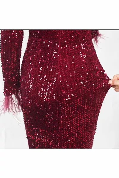 تريند ريشة مفصلة كم طويل الترتر المخملية اللباس