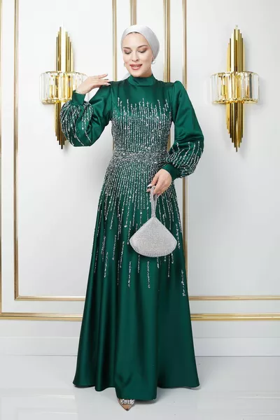 Robe de soirée hijab en satin avec décoration de pierre sur tout le devant VERT 