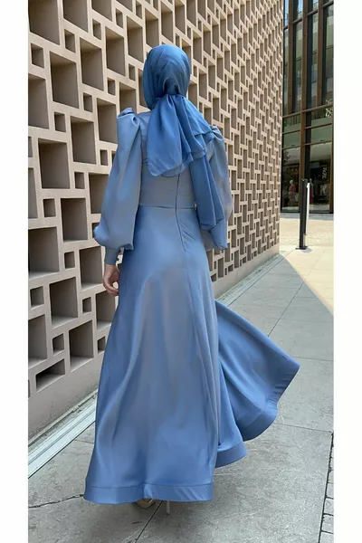 Sirius – Satin Drape Detailed Cuff Buttoned Evening Dress