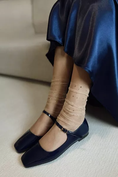 صغير كحلي أزرق براءات الاختراع جلد واحد الفرقة مربع اصبع القدم قبعة صلبة المرأة الباليه الشقق ماري جين