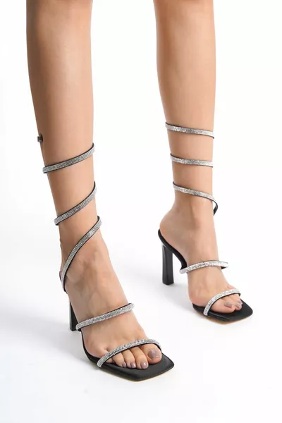 أسود الساتان دوامة الكاحل التفاف الحجر المرأة أحذية المساء ذات الكعب العالي