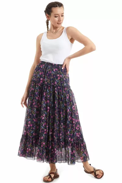 Sile doek donker paarse knop voile lange rok