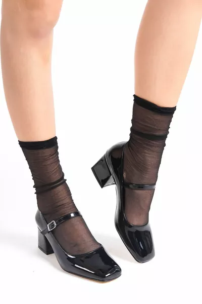 نسائي ماري جين أسود جلد لامع كعب