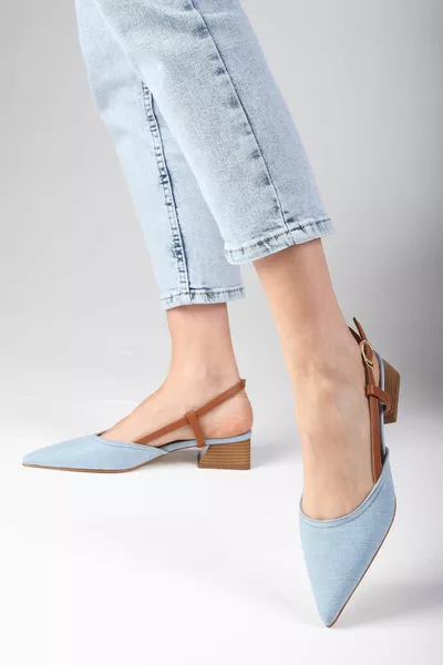 Carly Blue Color Denim Fabric с отворен гръб Дамски дънкови обувки с къси токчета