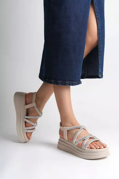 ELENA Elasticated Stone Stripe Orthopedic Sole Women's Sandals KT Cream