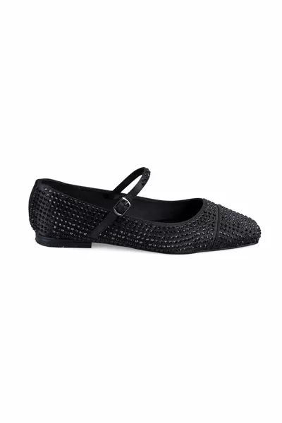 Black Women's Shiny Stone Detailed Ballet Flats
