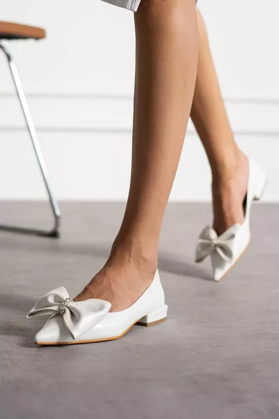 Spitze Zehenschleife Detailliertes Perlmutt Weiß Ballerinas Brautkleid Schuhe Lyon