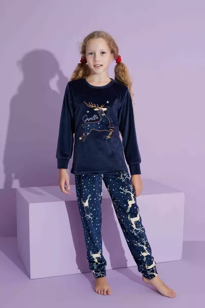 Children's Deer Pattern Long Sleeve French Fleece Fabric Winter Warm Pajama Set