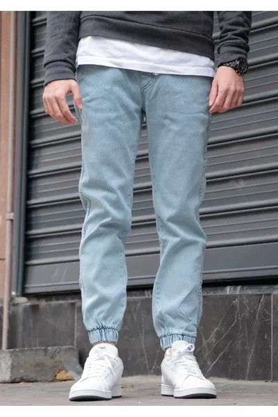 Men's Jogger Jeans – Ice Blue, Elastic Waist & Ankles, Washed Denim
