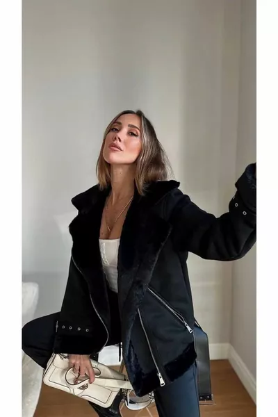 Intérieur Fourrure De Soie Femme Manteau Motard En Daim Noir