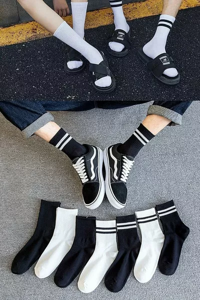 Unisex Schwarz-Weiß Gestreifte und Einfarbige Sportsocken im College-Stil, 7 Paar