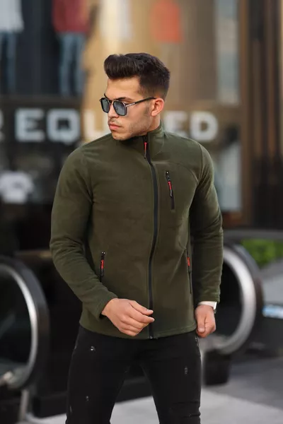 Pile da uomo in softshell verde scuro, standard, quotidiano, con zip completa, comodo, con 3 tasche, pile da uomo da esterno