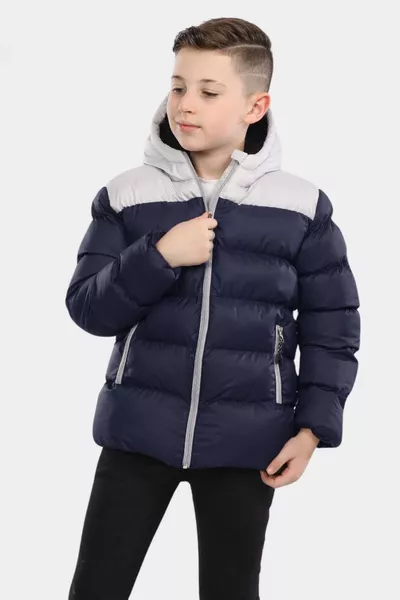 معطف شتوي سميك للأطفال الأولاد، باللون الكحلي، مُبطن بالفرو من الداخل، مقاوم للماء، مع قبعة